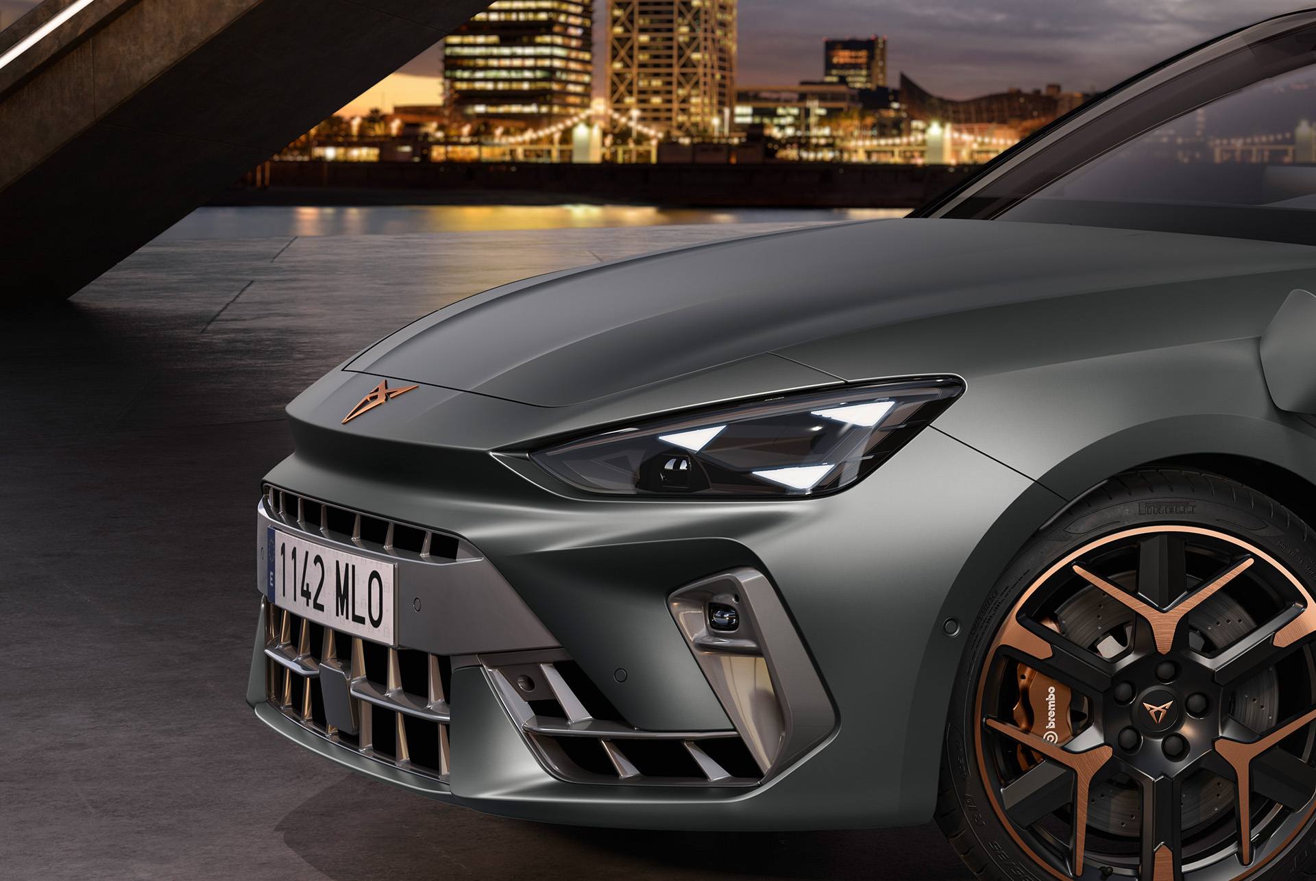 new cupra leon 2024 hybrid car model on charge equipment pack, matrix LED lights, featuring a distinctive signature eye headlights.