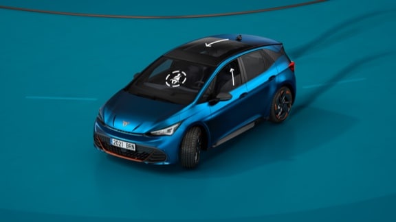 CUPRA Born Aurora blue colour with pre-crash feature